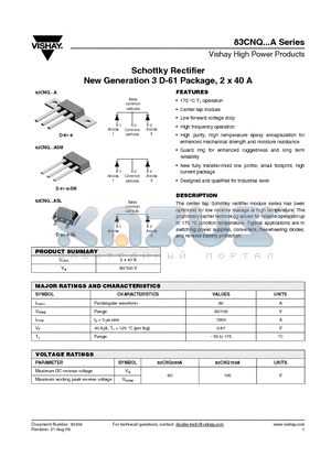 83CNQ080ASL datasheet - Schottky Rectifier New Generation 3 D-61 Package, 2 x 40 A