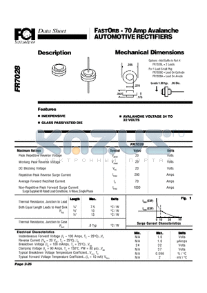 FR7028 datasheet - FASTORB - 70 Amp Avalanche AUTOMOTIVE RECTIFIERS Mechanical Dimensions