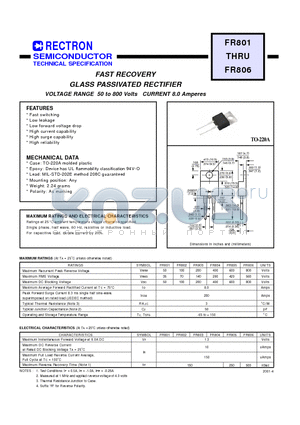 FR801 datasheet - FAST RECOVERY GLASS PASSIVATED RECTIFIER (VOLTAGE RANGE 50 to 800 Volts CURRENT 8.0 Amperes)