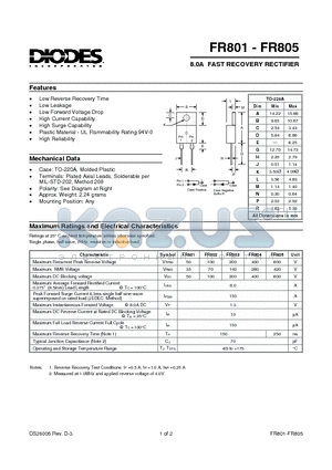 FR801 datasheet - 8.0A FAST RECOVERY RECTIFIER