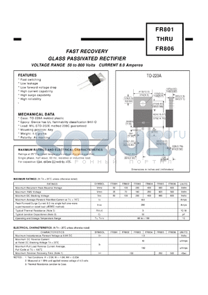 FR801 datasheet - VOLTAGE RANGE 50 to 800 Volts CURRENT 8.0 Amperes