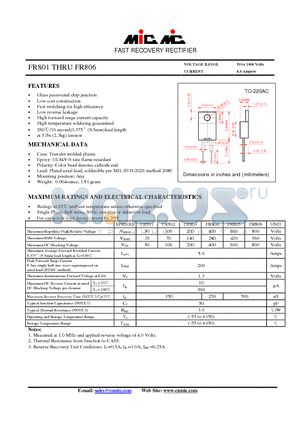 FR801 datasheet - FAST RECOVERY RECTIFIER