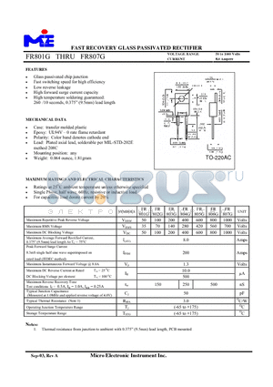 FR801G datasheet - FAST RECOVERY GLASS PASSIVATED RECTIFIER