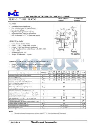 FR803G datasheet - FAST RECOVERY GLASS PASSIVATED RECTIFIER