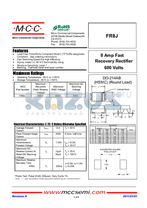 FR8J datasheet - 8 Amp Fast Recovery Rectifier 600 Volts