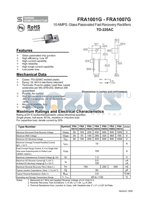 FRA1001G datasheet - 10 AMPS. Glass Passivated Fast Recovery Rectifiers