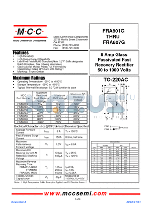 FRA801G datasheet - 8 Amp Glass Passivated Fast Recovery Rectifier 50 to 1000 Volts
