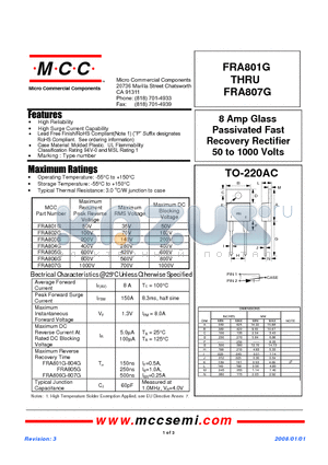 FRA805G datasheet - 8 Amp Glass Passivated Fast Recovery Rectifier 50 to 1000 Volts