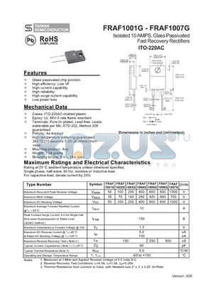 FRAF1001G datasheet - Isolated 10 AMPS. Glass Passivated Fast Recovery Rectifiers