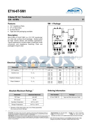 ET16-6T-SM1 datasheet - E-Series RF 16:1 Transformer 0.06 - 60 MHz