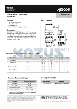 ET16-6T-SM1TR datasheet - E-Series RF 16:1 Transformer 0.06 - 60 MHz