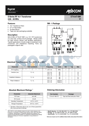 ET16-6T-SM1 datasheet - E-Series RF 16:1 Transformer 0.06 - 60 MHz