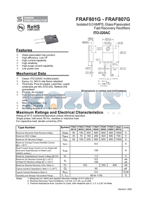 FRAF801G datasheet - Isolated 8.0 AMPS. Glass Passivated Fast Recovery Rectifiers