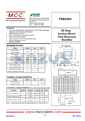 FRB2504 datasheet - 25 Amp Surface Mount Fast Recovery Rectifier