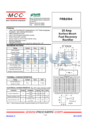 FRB2504_13 datasheet - 25 Amp Surface Mount Fast Recovery Rectifier