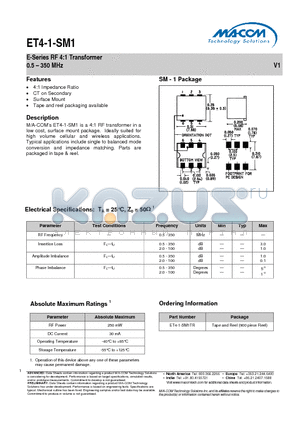 ET4-1-SM1TR datasheet - E-Series RF 4:1 Transformer 0.5 - 350 MHz