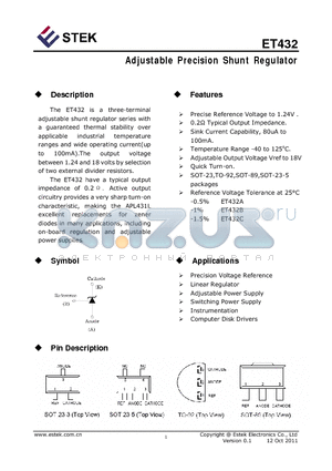 ET432 datasheet - Adjustable Precision Shunt Regulator