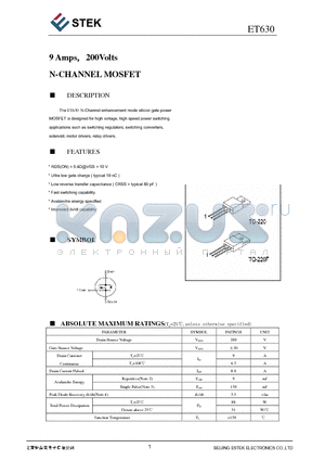 ET630 datasheet - 9 Amps200Volts N-CHANNEL MOSFET