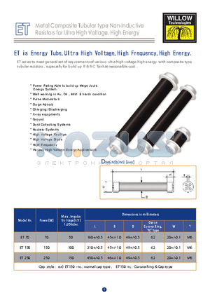 ET70 datasheet - Metal Composite Tubular type Non-Inductive Resistors for Ultra High Voltage, High Energy