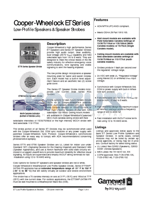 ET70-24MCW-FW datasheet - Cooper-Wheelock ET Series Low-Profile Speakers & Speaker Strobes