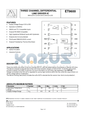 ET9600 datasheet - THREE CHANNEL DIFFERENTIAL LINE DRIVER IC