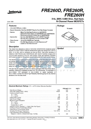 FRE260H datasheet - 31A, 200V, 0.080 Ohm, Rad Hard, N-Channel Power MOSFETs