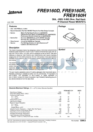 FRE9160H datasheet - 30A, -100V, 0.095 Ohm, Rad Hard, P-Channel Power MOSFETs