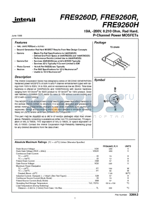 FRE9260D datasheet - 19A, -200V, 0.210 Ohm, Rad Hard, P-Channel Power MOSFETs