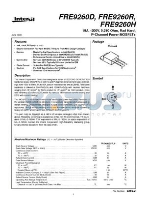FRE9260H datasheet - 19A, -200V, 0.210 Ohm, Rad Hard, P-Channel Power MOSFETs