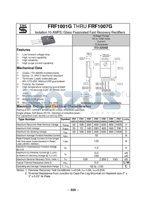 FRF1001G datasheet - Isolation 10 AMPS. Glass Passivated Fast Recovery Rectifiers