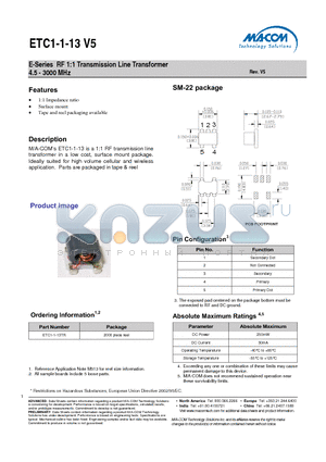 ETC1-1-13 datasheet - E-Series RF 1:1 Transmission Line Transformer 4.5 - 3000 MHz