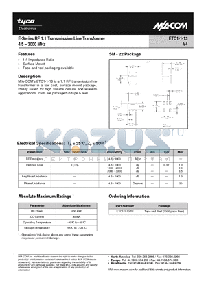 ETC1-1-13_1 datasheet - E-Series 1:1 Transmission Line Transformer 1710 - 1910 MHz
