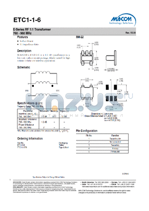 ETC1-1-6 datasheet - E-Series RF 1:1 Transformer 760 - 960 MHz