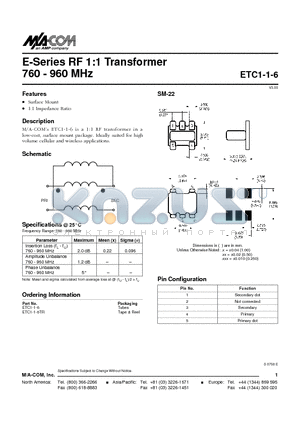 ETC1-1-6TR datasheet - E-Series RF 1:1 Transformer 760 - 960 MHz