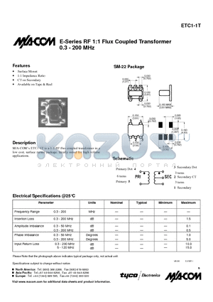 ETC1-1T datasheet - E-Series RF 1:1 Flux Coupled Transformer 0.3 - 200 MHz