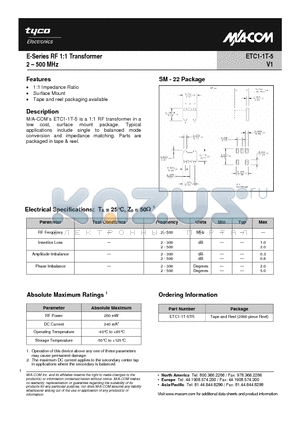 ETC1-1T-5TR datasheet - E-Series 1:1 Transformer 2 - 500 MHz