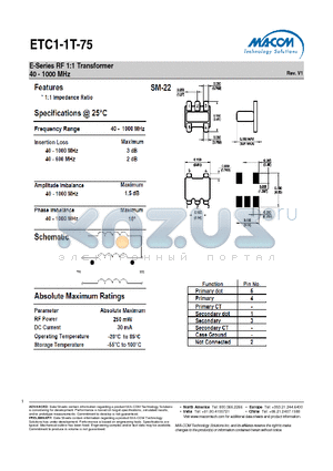 ETC1-1T-75 datasheet - E-Series RF 1:1 Transformer 40 - 1000 MHz