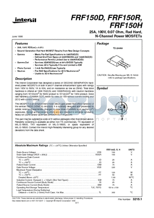 FRF150H datasheet - 25A, 100V, 0.07 Ohm, Rad Hard, N-Channel Power MOSFETs