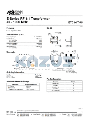 ETC1-1T-75TR datasheet - E-Series RF 1:1 Transformer 40 - 1000 MHz
