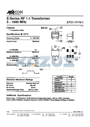 ETC1-1T-75-1 datasheet - E-Series RF 1:1 Transformer 5 - 1000 MHz