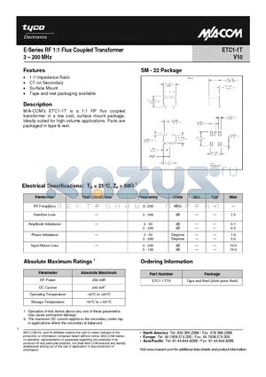 ETC1-1T_1 datasheet - E-Series RF 1:1 Flux Coupled Transformer 3 - 200 MHz