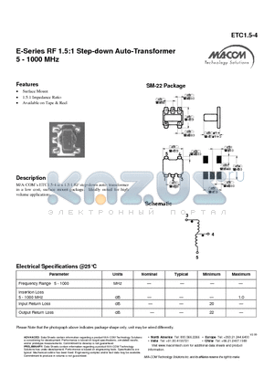 ETC1.5-4 datasheet - E-Series RF 1.5:1 Step-down Auto-Transformer 5 - 1000 MHz