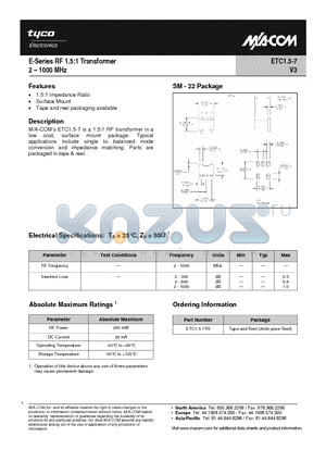 ETC1.5-7 datasheet - E-Series RF 1.5:1 Transformer 2 - 1000 MHz