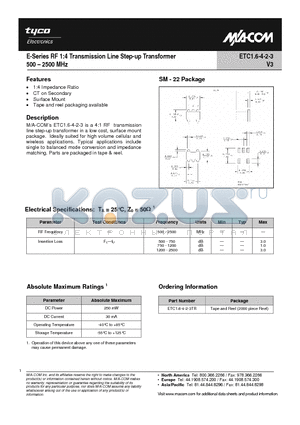 ETC1.6-4-2-3 datasheet - E-Series RF 1:4 Transmission Line Step-up Transformer 500 - 2500 MHz