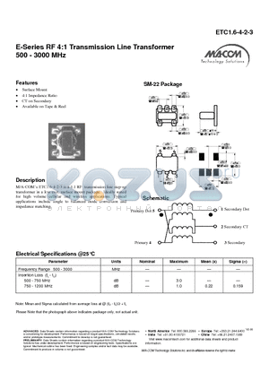 ETC1.6-4-2-3 datasheet - E-Series RF 4:1 Transmission Line Transformer 500 - 3000 MHz