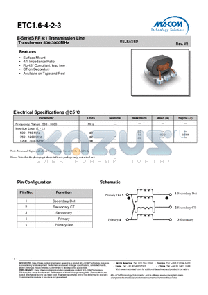 ETC1.6-4-2-3 datasheet - E-SerieS RF 4:1 Transmission Line