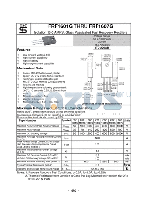 FRF1607G datasheet - Isolation 16.0 AMPS. Glass Passivated Fast Recovery Rectifiers