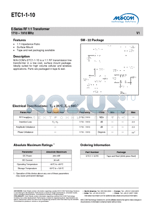 ETC1-1-10 datasheet - E-Series RF 1:1 Transformer 1710 - 1910 MHz