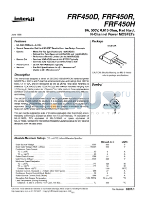 FRF450R datasheet - 9A, 500V, 0.615 Ohm, Rad Hard, N-Channel Power MOSFETs