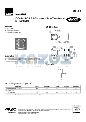 ETC15-4 datasheet - E-Series RF 1.5:1 Step-down Auto-Transformer 5 - 1000 MHz